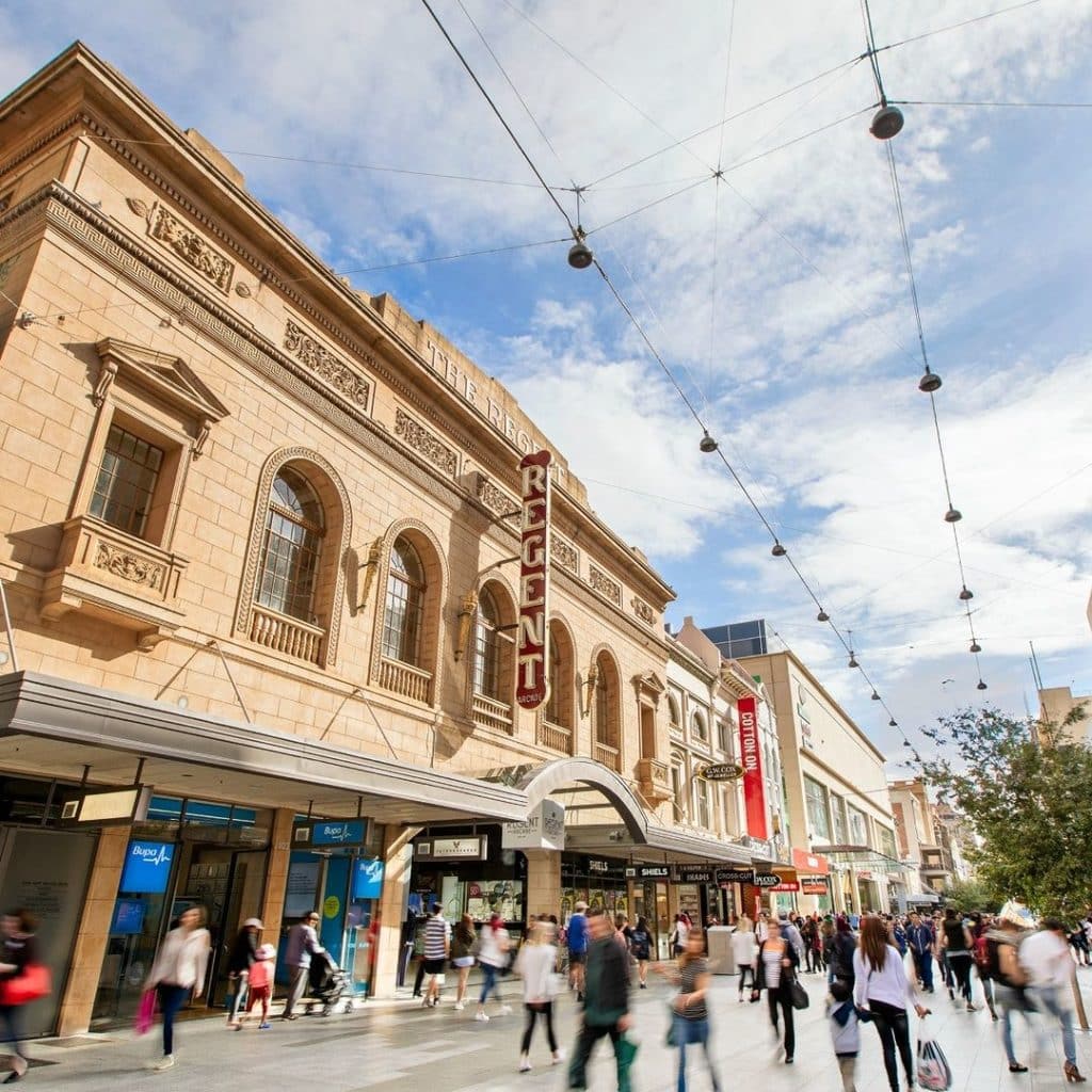 Busy Rundle Mall with crowds passing through